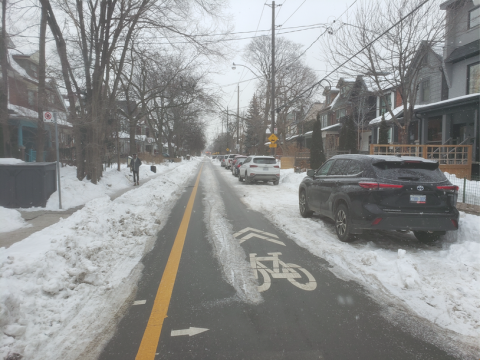 Shaw St contraflow covered in snow and ice one week after snowfall