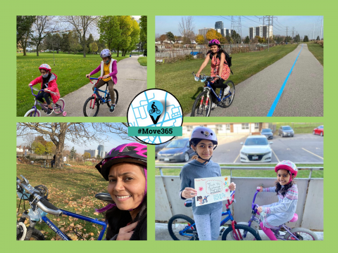 Pictures of a woman and her children cycling