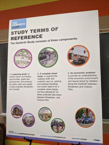 A display board with a title 'Study Terms of Reference' shows the three components of the Danforth Study: 1) A planning study, 2) a complete street study, and 3) an economic analysis.