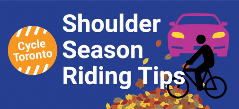 Cycle Toronto Shoulder Season Riding Tips. A person on a bike rides past a car and through a pile of leaves.