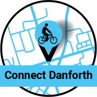 Map pin with a bike on it. Connect Danforth