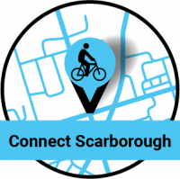 Map pin with a bike on it. Connect Scarborough