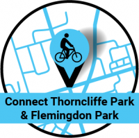 Map pin with a bike on it. Connect Thorcliffe Park and Flemingdon Park