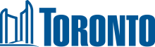 City of Toronto Logo. Blue icon of City Hall with the word "Toronto"