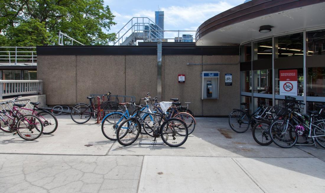 Bikes locked outside subway station