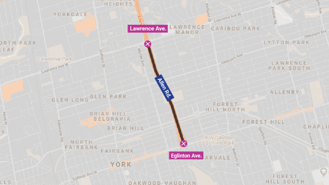 Map showing Allen Road closed from Eglinton to Lawrence Avenues