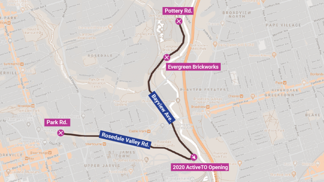 Map showing closures on Bayview Avenue and Rosedale Valley Road