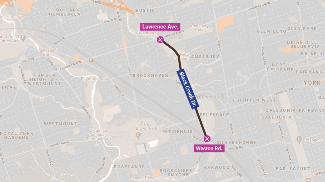 Map showing Black Creek Drive closed from Lawrence Avenue to Weston Road