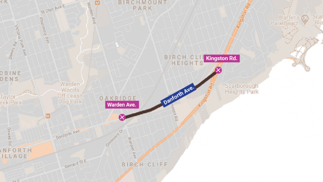 Map showing Danforth Avenue closed from Warden Avenue to Kingston Road