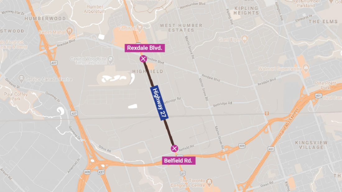 Map showing Highway 27 closed from Belfield Road to Rexdale Boulevard