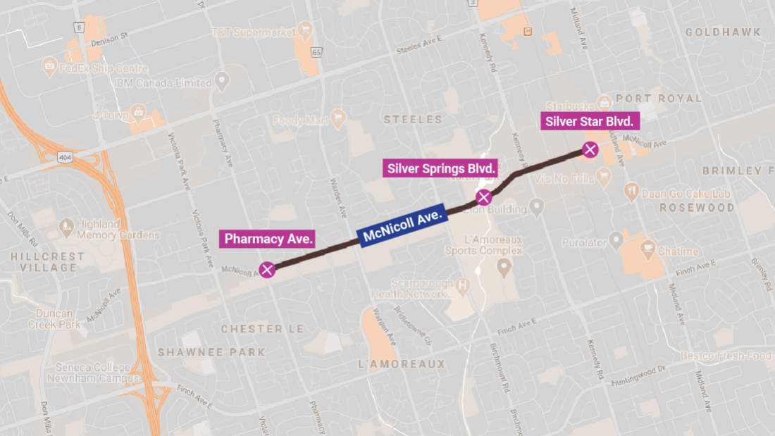 Map showing McNicoll Avenue closed from Pharmacy Avenue to Silver Star Boulevard