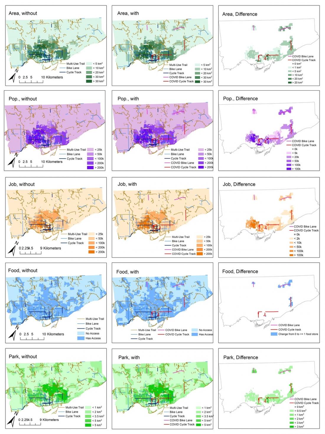 Series of maps highlighting differences in access provided by ActiveTO bike lanes