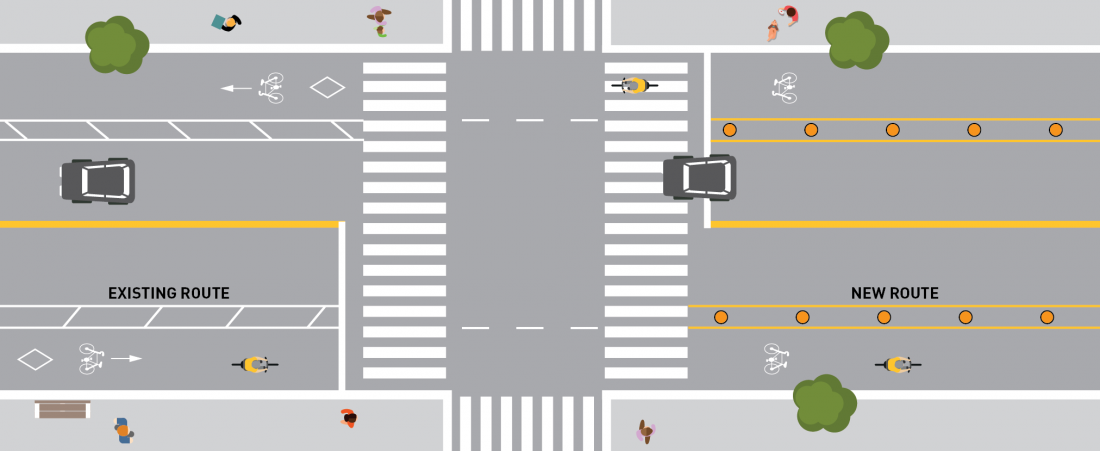 Overhead rendering of and ActiveTO bike lane. Bollards & paint separate from car traffic