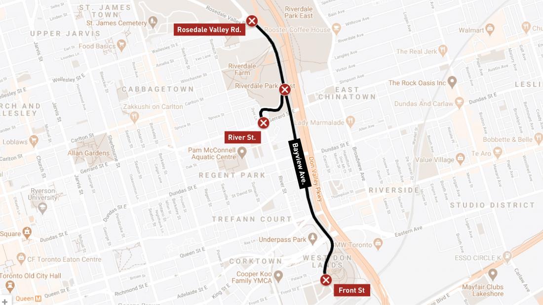 Map of Bayview road closure. Front to Rosedale Valley