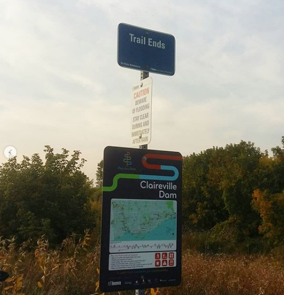 A sign says "Trail ends" and "Claireville Dam"