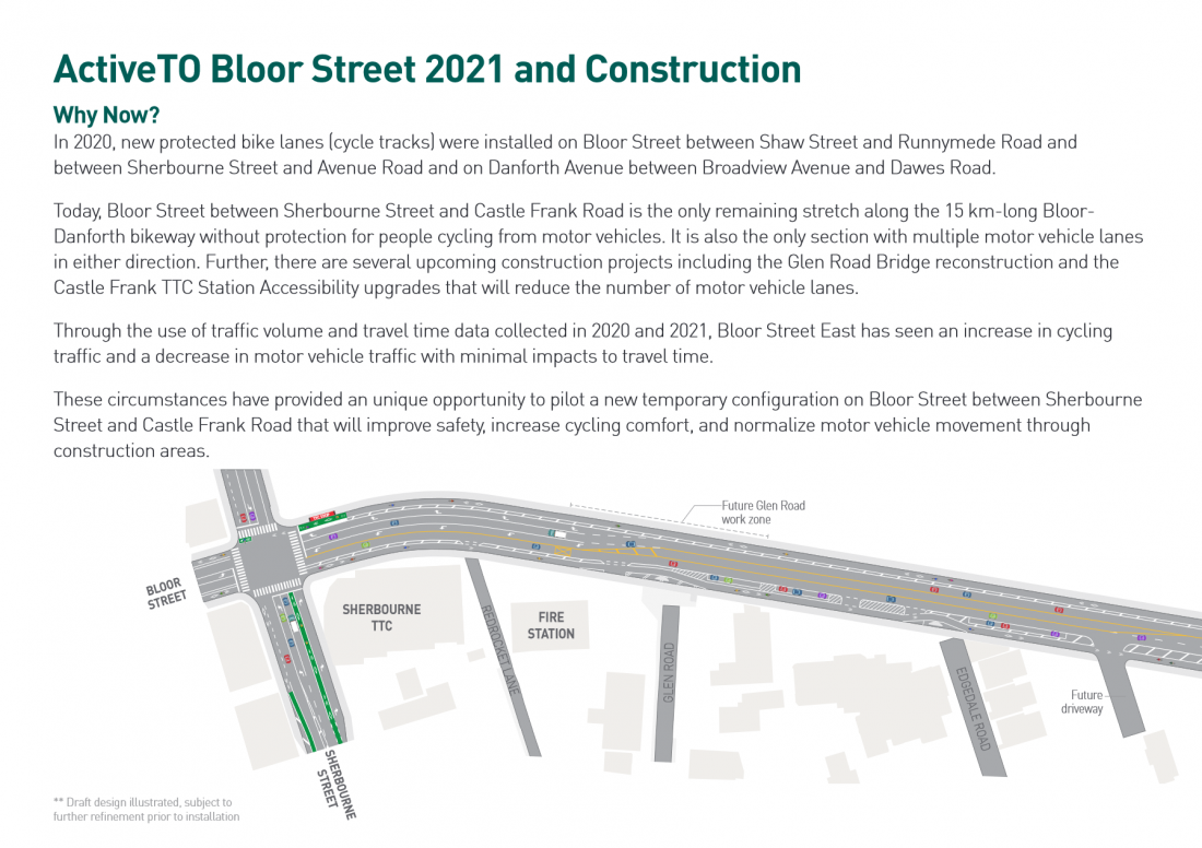 Map showing design for Bloor E with protected bike lanes