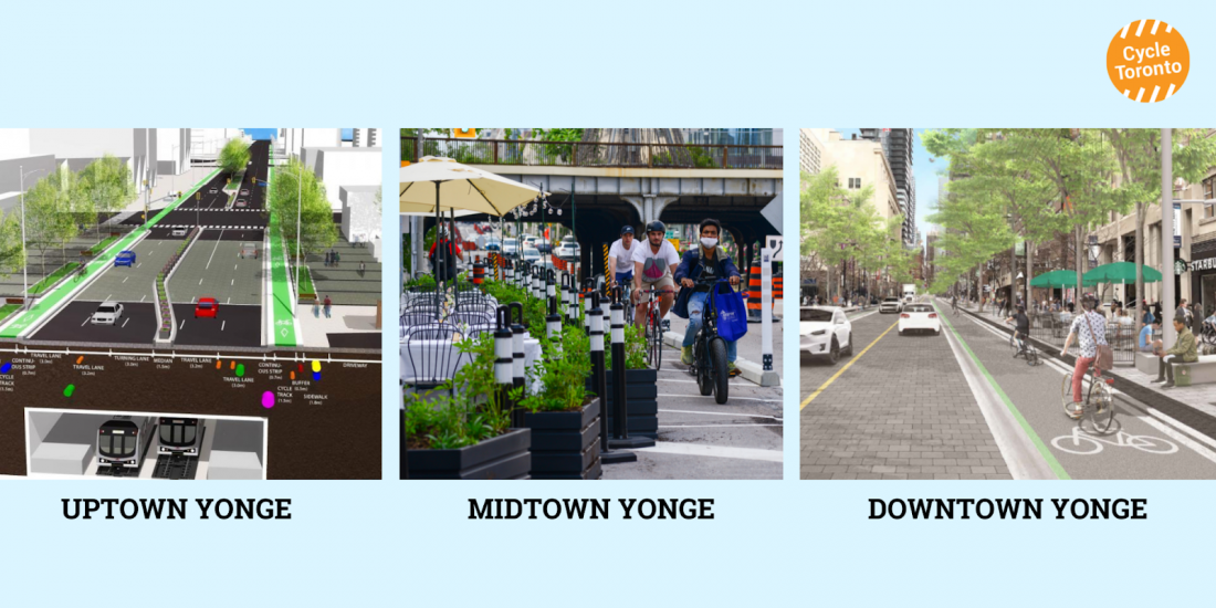 Two renderings of streets with bike lanes, "Uptown Yonge" and "Downtown Yonge". Picture of a person riding by a patio in a bike lane "Midtown Yonge."