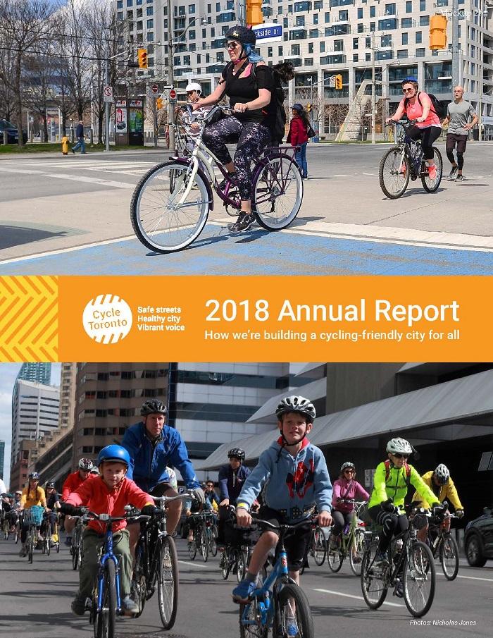 Cycle Toronto Annual Report cover page showing woman riding on the waterfront and the Ride for Safe Streets