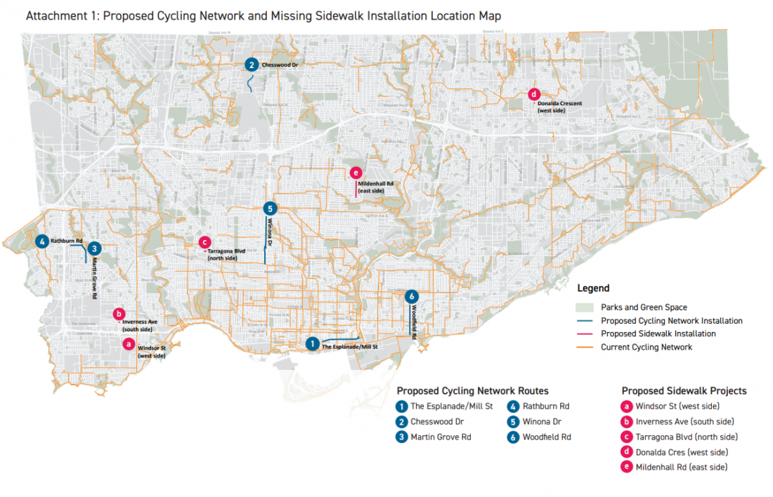 Map of Toronto showing proposed cycling and sidewalk projects