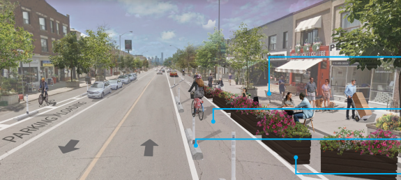 Rendering of a street with bike lanes, patios, parking, greenery