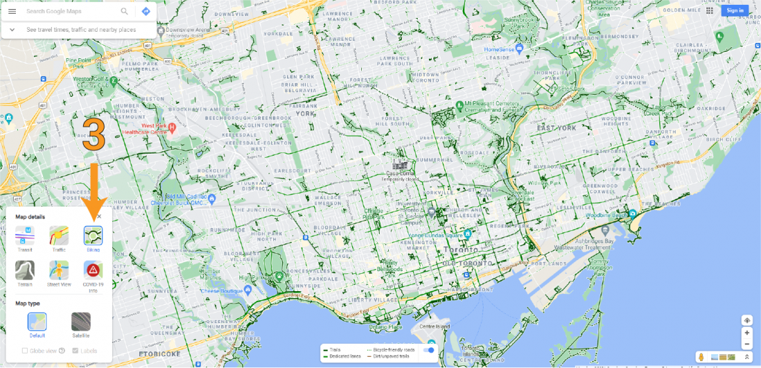 Google Map highlighting bike layer