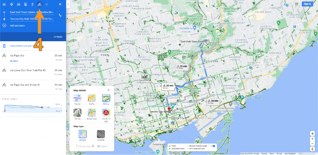 Google Map highlighting bike directions