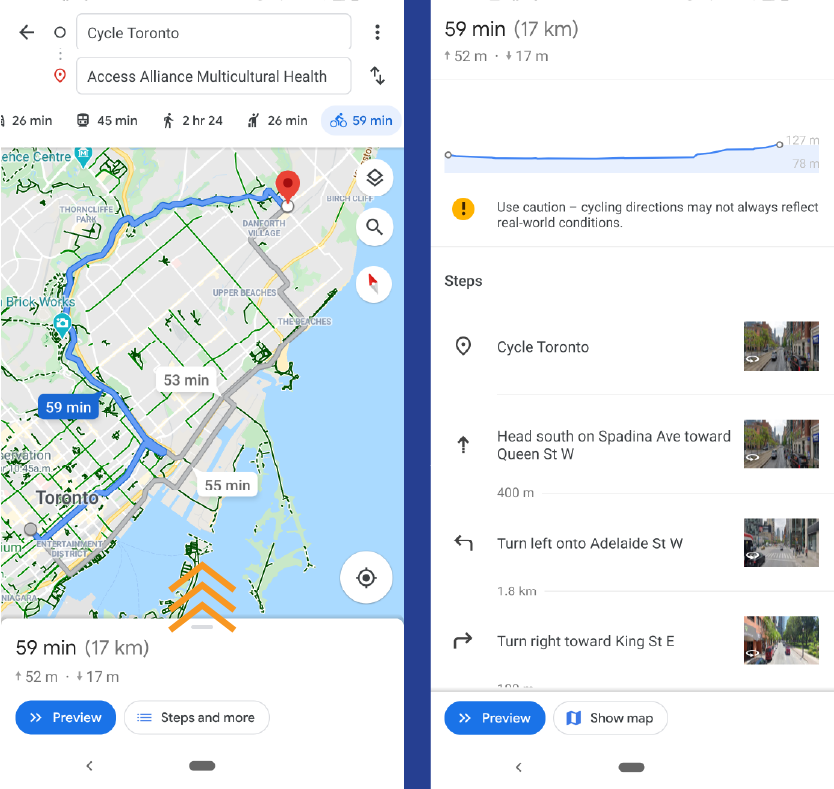 Google Maps route from Cycle Toronto to Danforth Ave and Victoria Park Ave mobile version