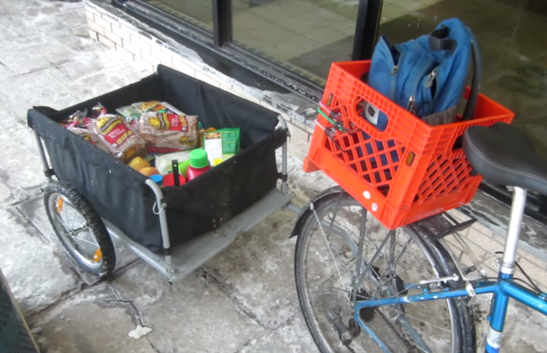 Flatbed bike trailer loaded up with all kinds of groceries