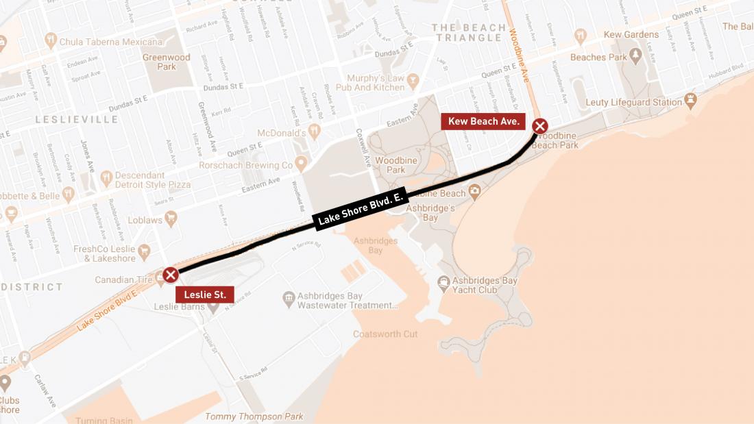 Map of Lake Shore east road closure. Coxwell to Woodbine