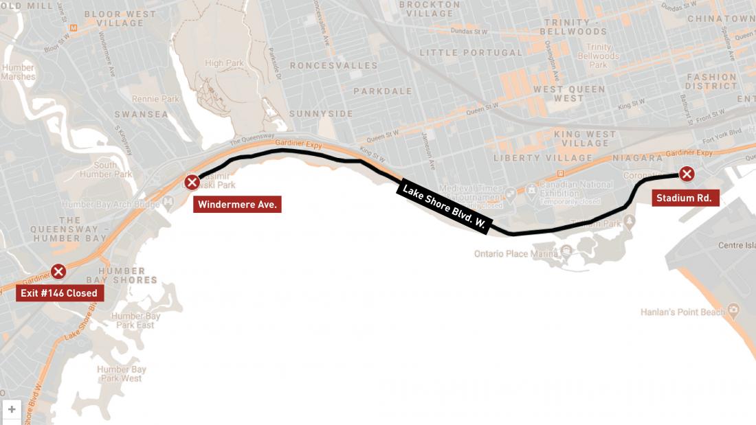 Map of Lake Shore West road closure. Windermere to Stadium