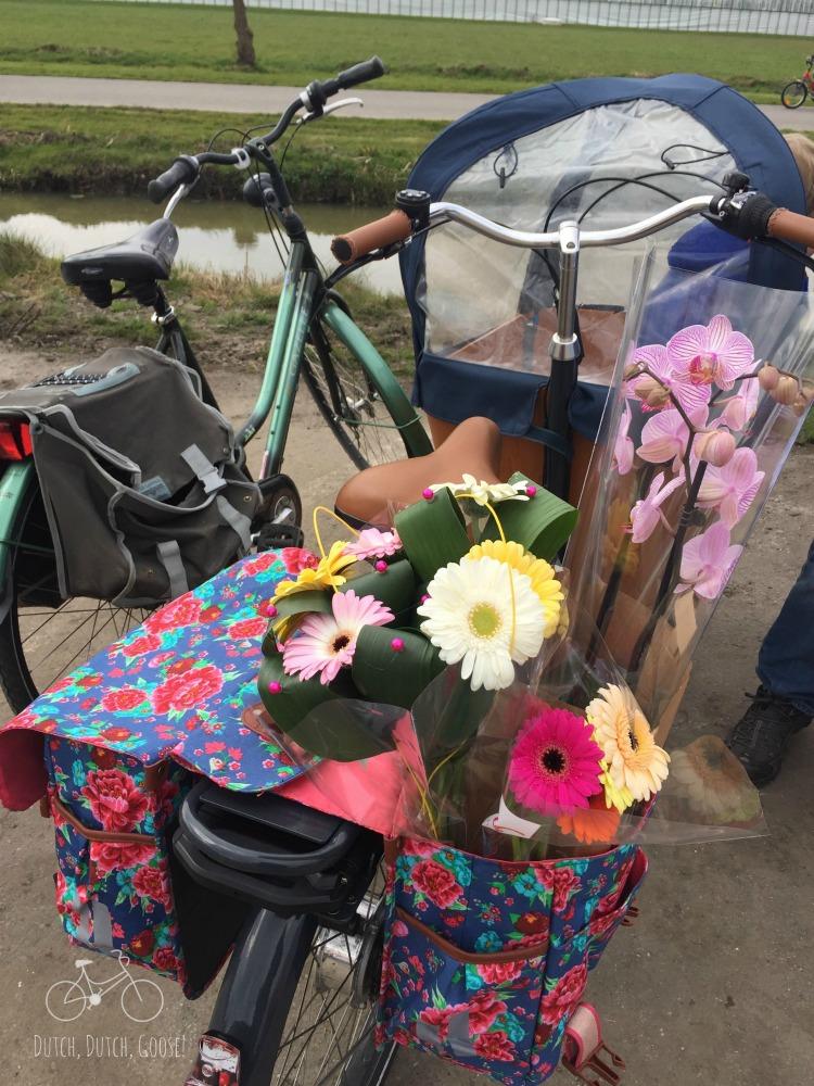 Colourful panniers loaded with flowers