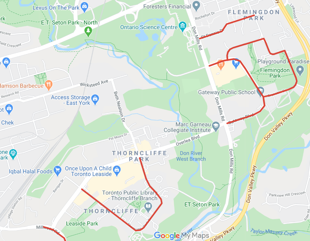 Map of bike lanes, shown in red, in Thorncliffe and Flemingdon Park