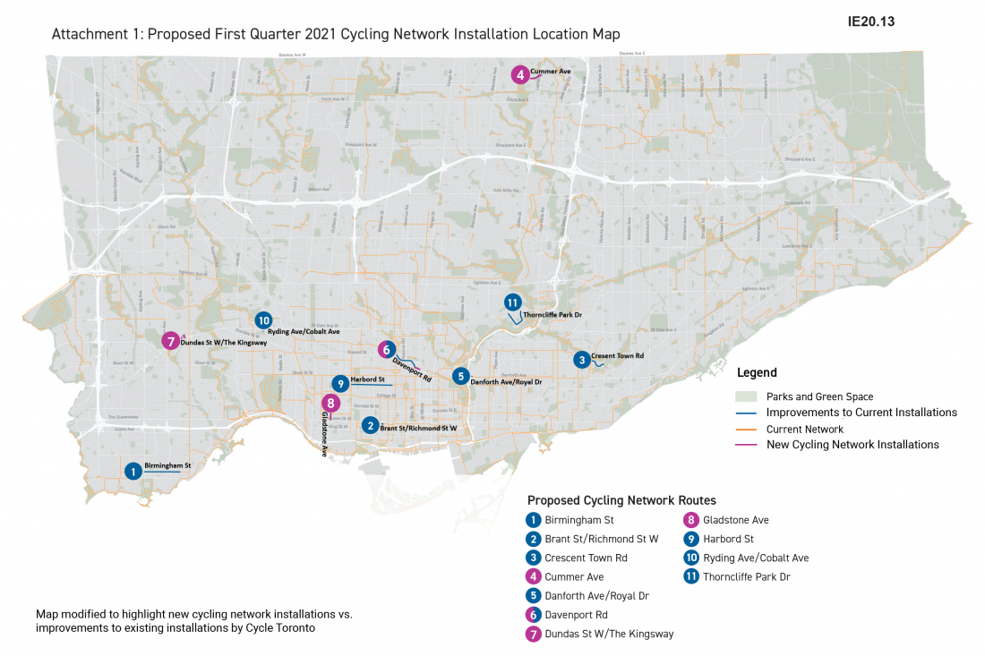 Map of Toronto showing new cycling projects for 2021