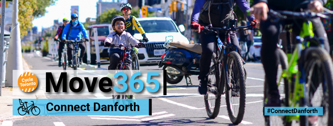 Move 365 Connect Danforth. People, including children ride bikes in a bike lane.