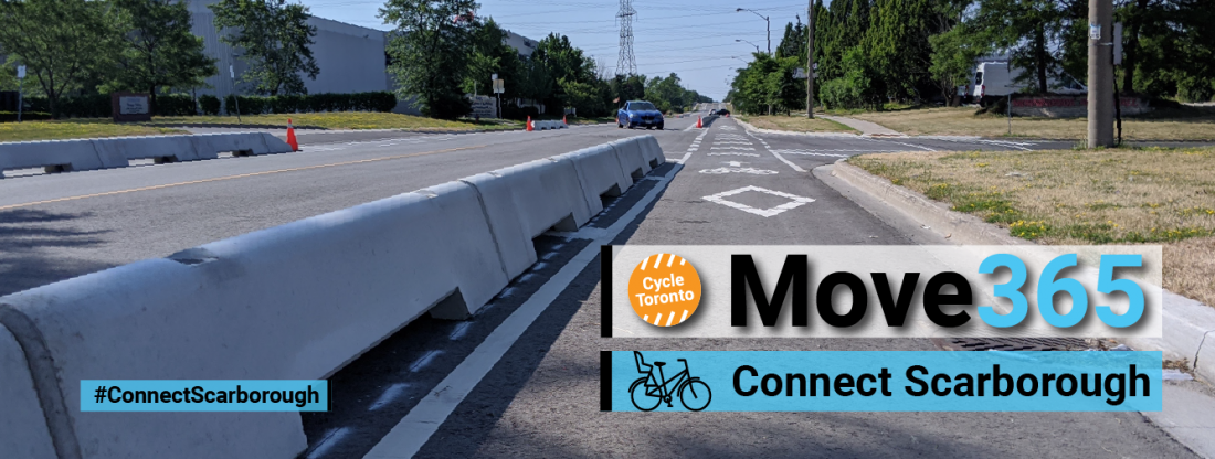 Move 365 Connect Scarborough. A low concrete wall protects a bike lane