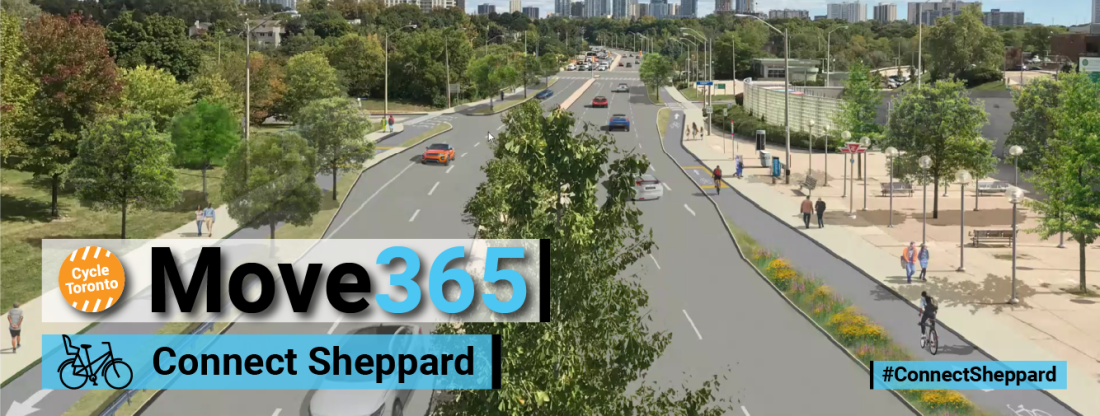 Rendering of Sheppard Avenue with bike lanes. Text reads "Move 365 connect sheppard"