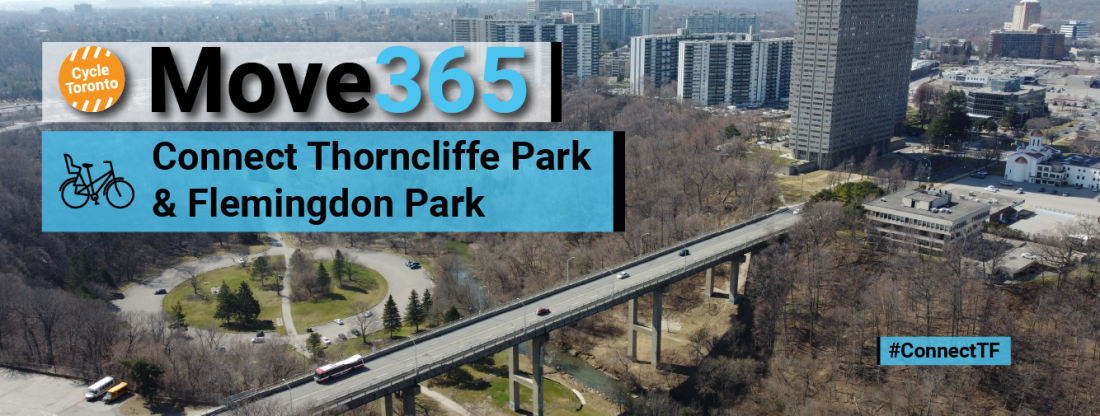 Move 365 Connect Thorncliffe Park and Flemingdon Park. A bridge heads into an urban area