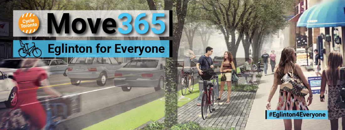 Move 365 Eglinton for Everyone. Rendering of street with bike lanes, trees, sidewalks, and driving lanes.