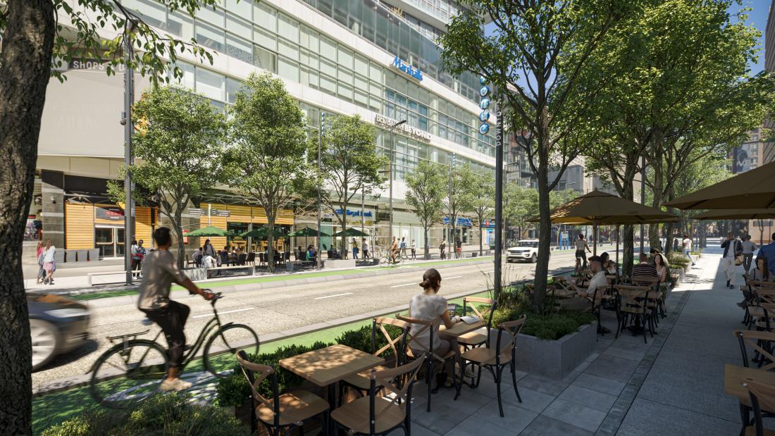 A realistic rendering of Yonge street shows a vibrant patio scene. People ride bikes in a protected bike lane amidst lush trees.