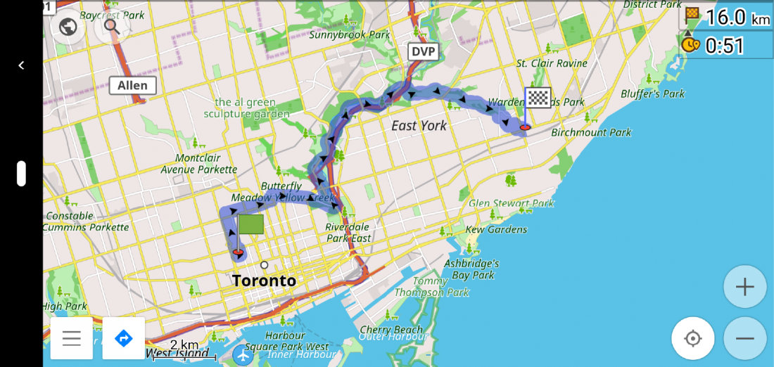 OsmAnd route from Cycle Toronto to Danforth Ave and Victoria Park Ave in horizontal orientation.