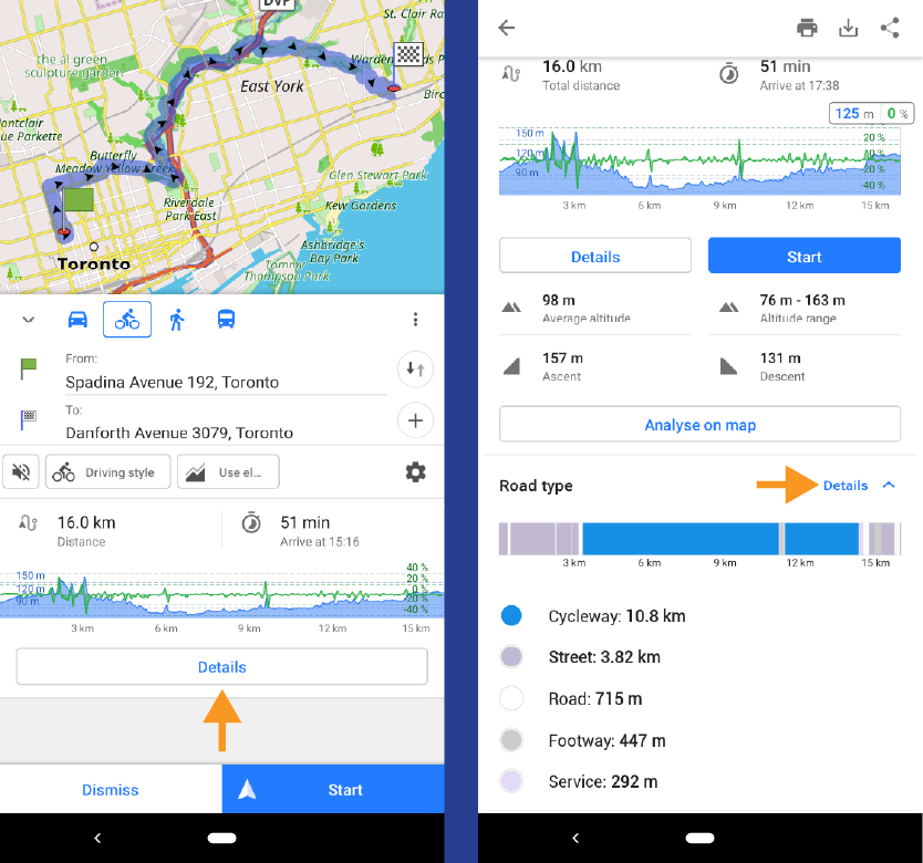 OsmAnd route from Cycle Toronto to Danforth Ave and Victoria Park Ave in vertical orientation showing how to find road details.