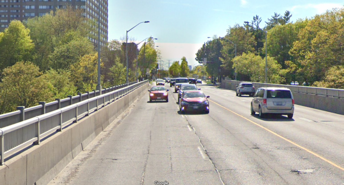 Existing condition of Overlea Boulevard between Thorncliffe Park and Flemingdon Park with no ActiveTO temporary bike lane. Image courtesy of Google Maps