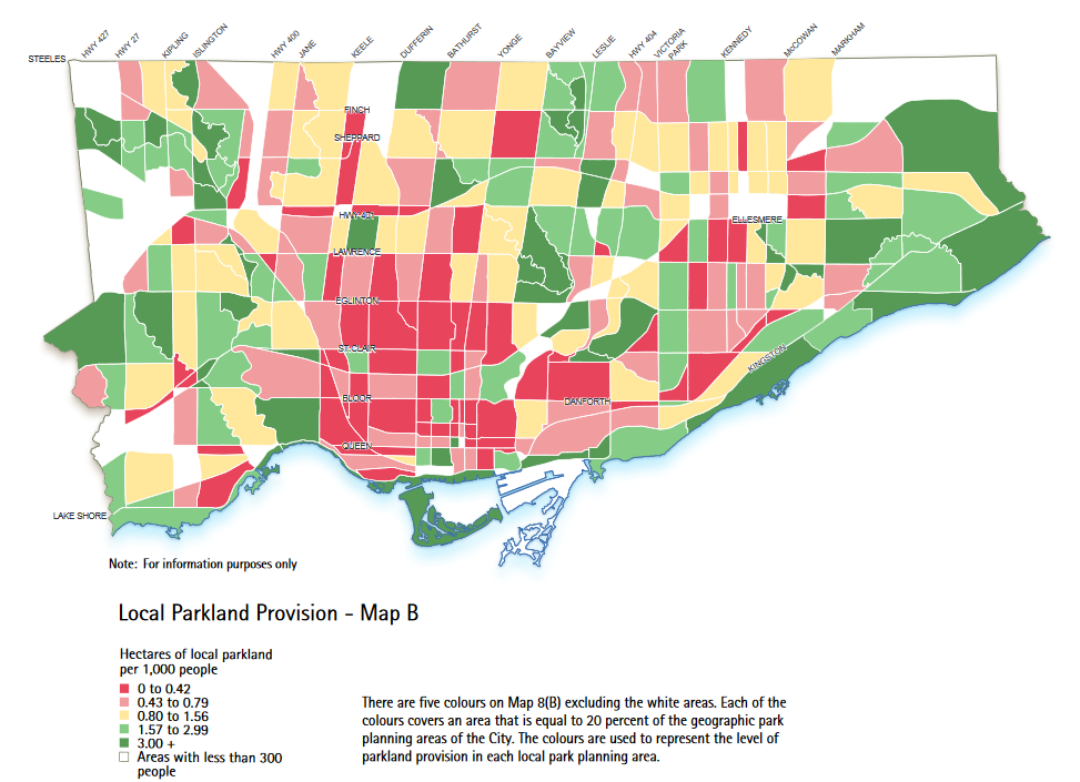 Map of Toronto showing access to parkland. Dark green is high access. Dark red is low access.