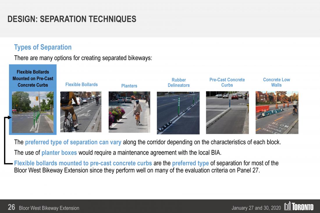 Seperation techniques panel shows concrete curb and bollard as the City's preferred design