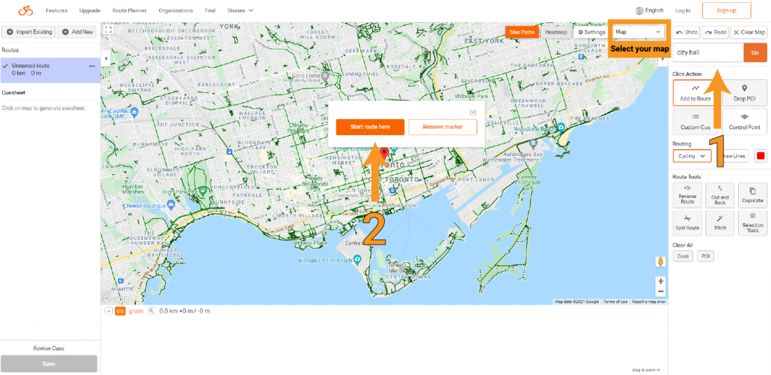 Map highlighting steps to plan route