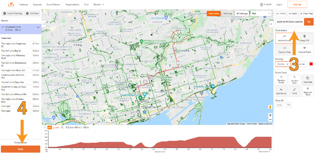 Map highlighting steps to plan route