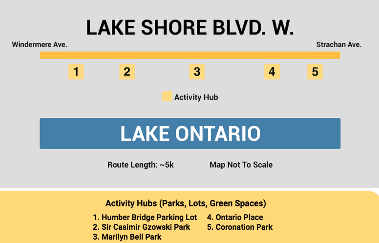 ActiveArtsTO map of activation stations, from Strachan to Windemere