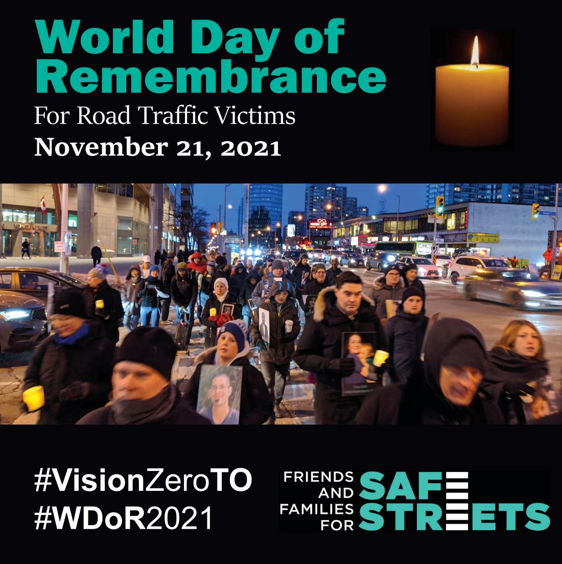 People walk with pictures and candles. Text reads "World Day of Remembrance for Road Traffic Victims. November 21, 2021"