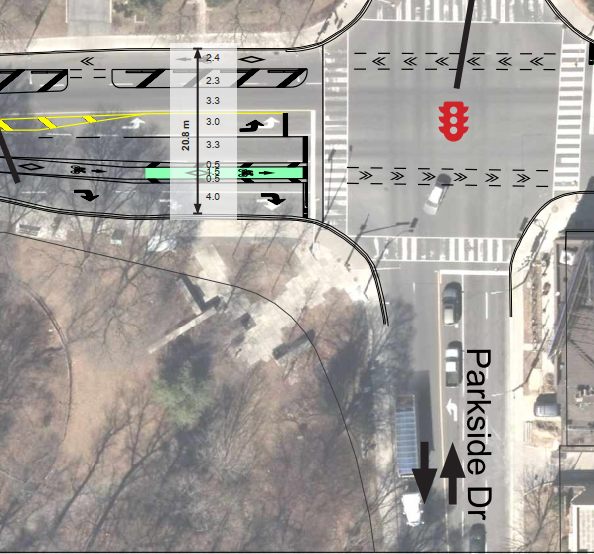 A plan diagram of the Bloor Street West and Parkside Drive intersection showing the bike lane losing its protection heading eastbound on Bloor at the intersection. Diagram is from January 2020.