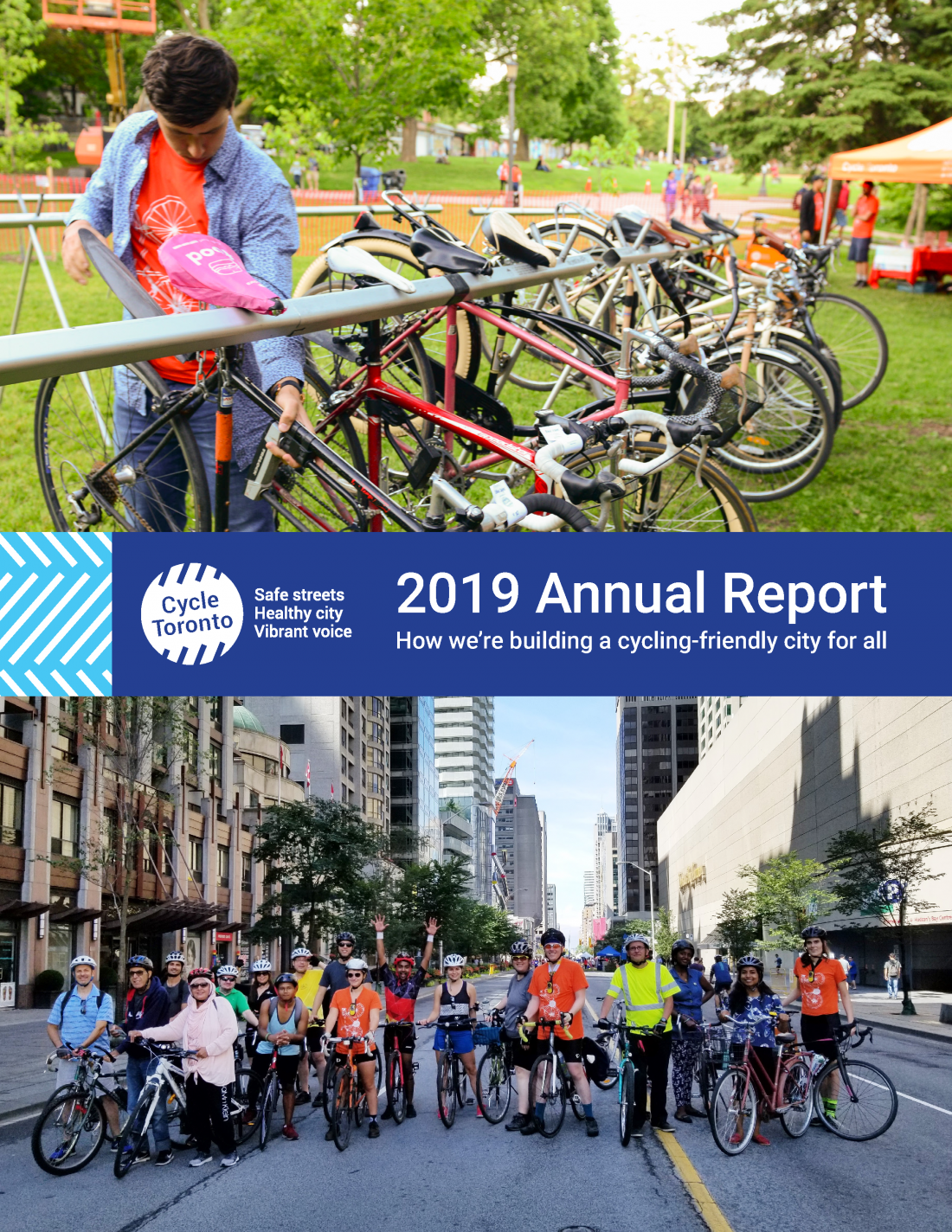 Cycle Toronto 2019 Annual Report cover page. Bikes being parked on top. Bike riders celebrating on bottom.